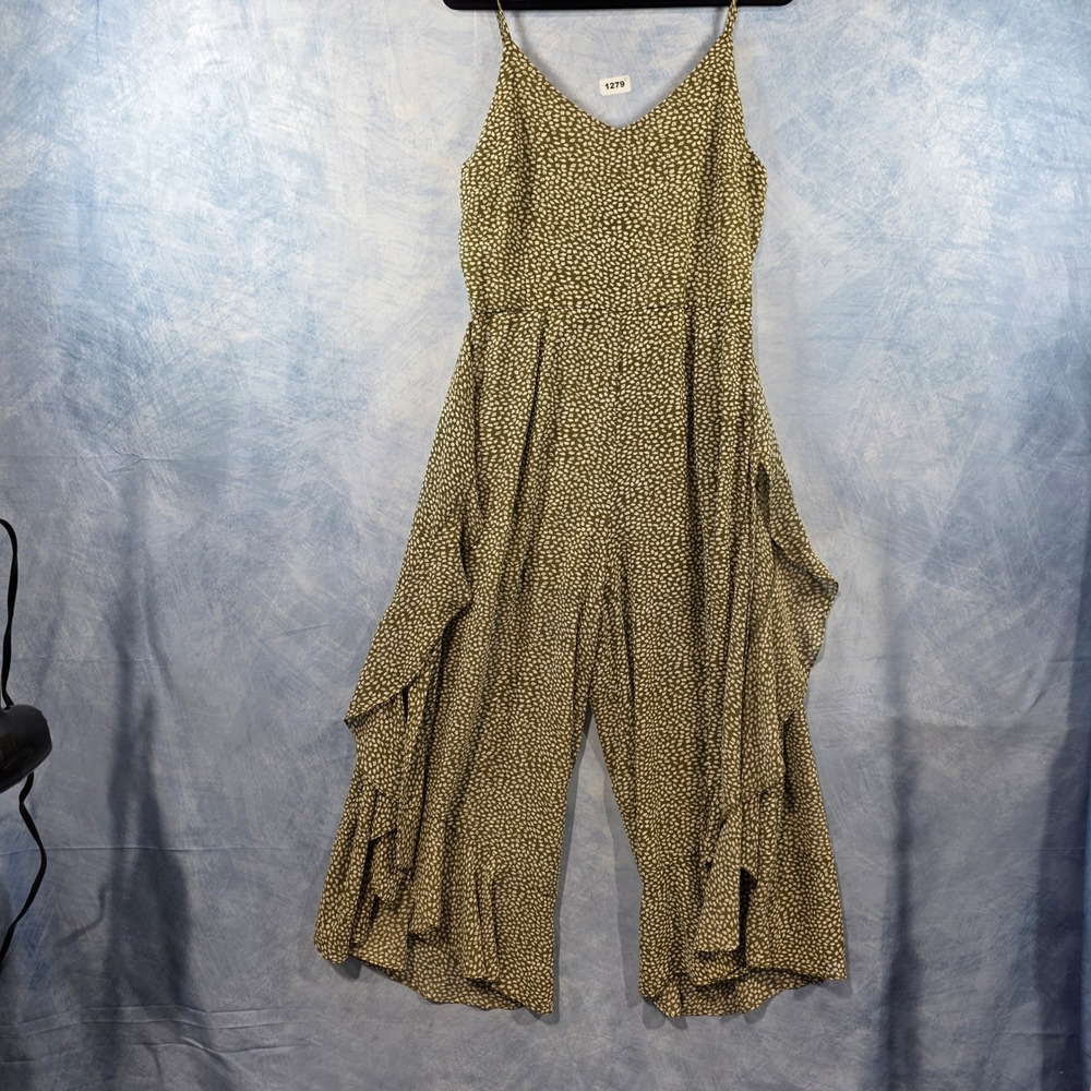 She + Sky Olive Green Spotted Ruffle Wide Leg Jumpsuit Womens Large VNeck Strapy